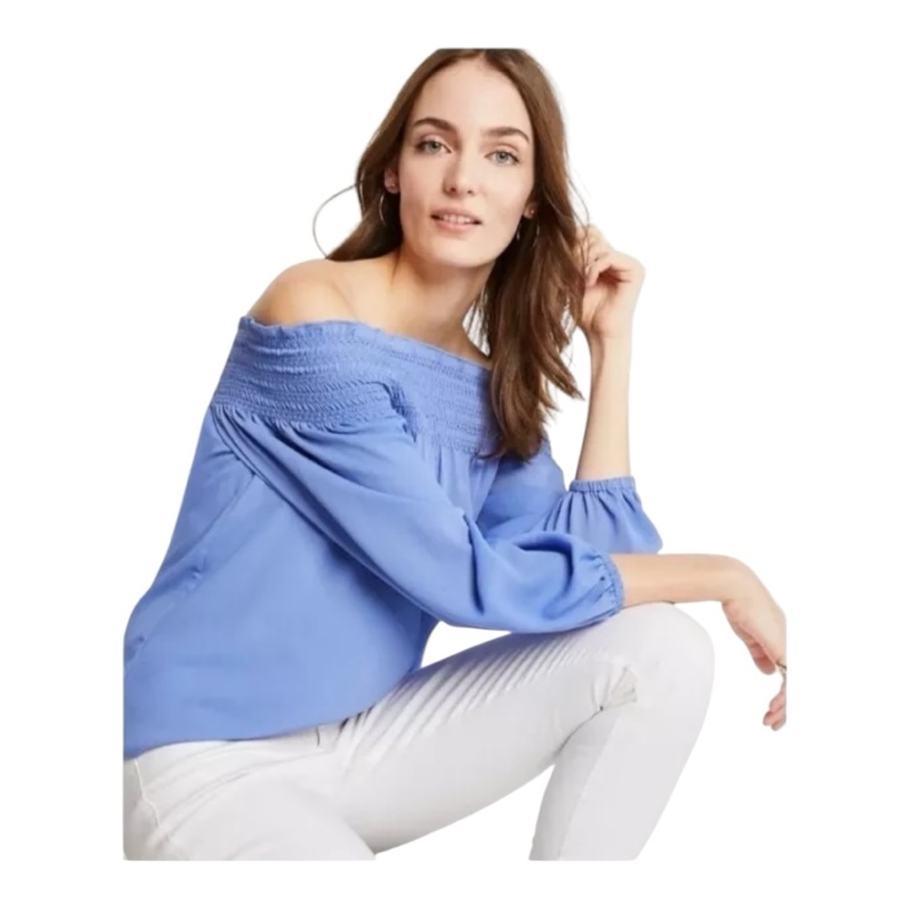 ANN TAYLOR BLUE SMOCKED BABY DOLL FLOWY BLOUSE SIZE XXL